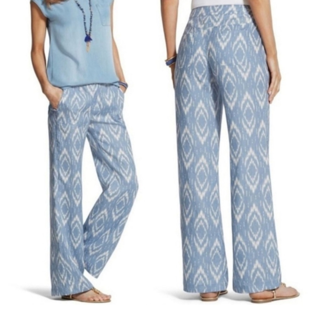 Chicos blue/cream linen ikat wide leg pants Southwest Beachy Resort size 10